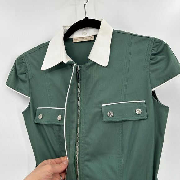 PURIFICACION GARCIA Green White Full Zip Up Cap Sleeve Belted Midi Dress Small - Picture 5 of 10